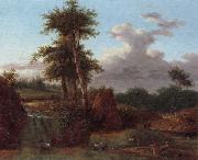 unknow artist, A Wooded landscape with an artist sketching at the base of a waterfall,anmals drinking in a pool nearby